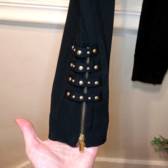 Vintage Cache Gold Studded Ankle, Rocker Chic Style Black Knit Leggings - Picture 2 of 7